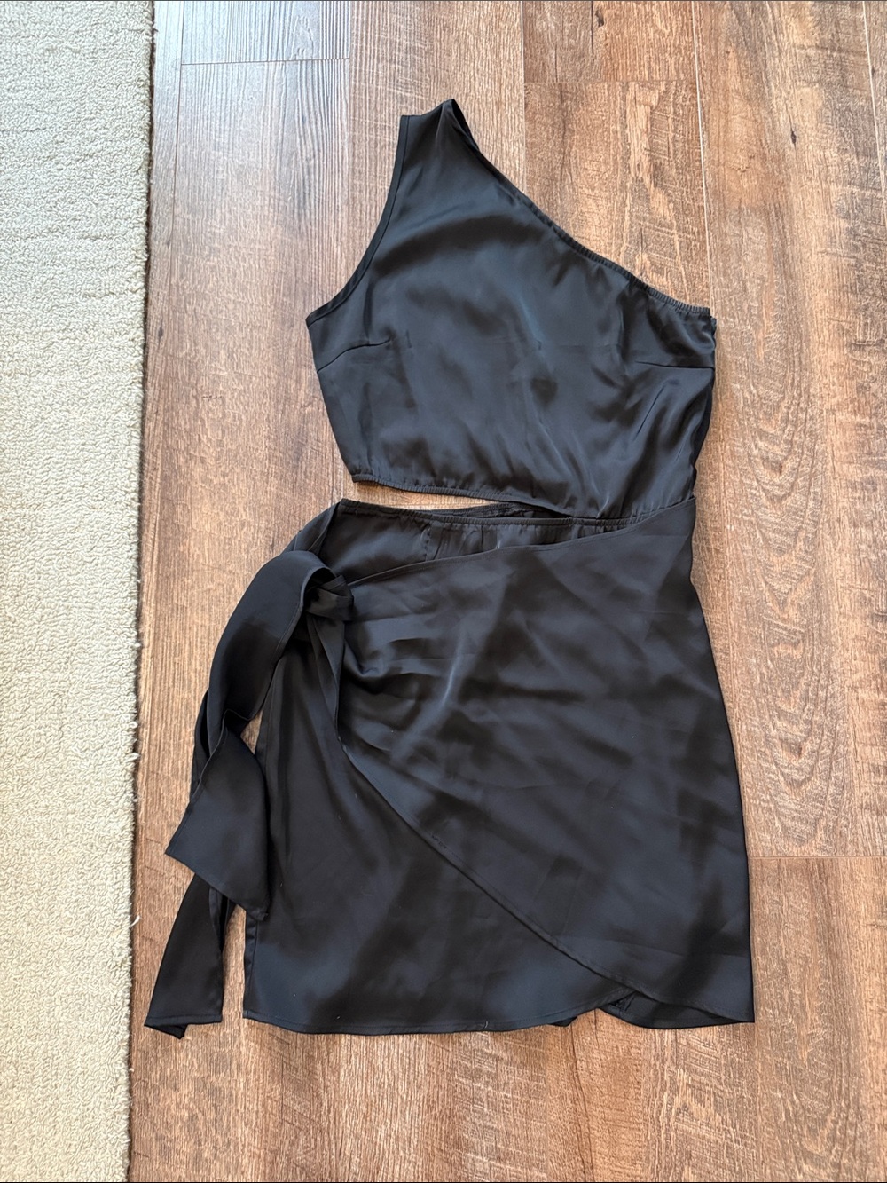 One-Shoulder Black Satin Dress with Side Tie